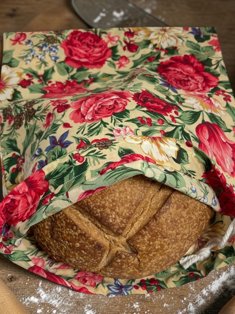 Vintage Floral Cotton Bread Bag, Reusable Sourdough Linen Bread Bag, Zero Waste